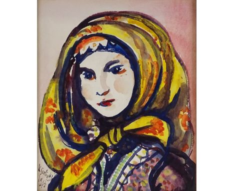 K Sislinsky, watercolour, portrait of a woman wearing a headscarf, signed and dated 1946, 11" x 9", framed 