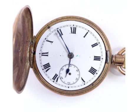 A rolled gold full hunter side-wind pocket watch, with white enamel dial, Roman numeral hour markers and subsidiary seconds d