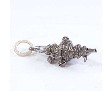 A George V silver baby's whistle/rattle, with mother-of-pearl teether, by E S Barnsley &amp; Co, hallmarks Chester 1912, over