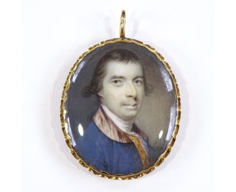 A Georgian miniature watercolour on ivory, portrait of a gentleman, unsigned, in unmarked gold frame with embroidered back, u