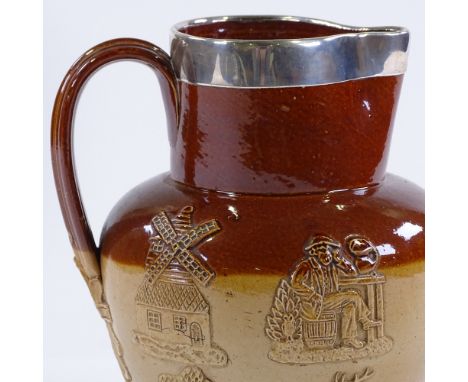 A Victorian Doulton Lambeth stoneware hunting jug, with hallmarked silver rim, height 16.5cm 
