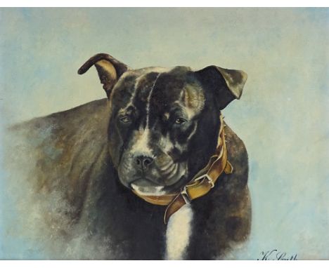K Smith, oil on canvas, portrait of a Terrier, signed, 16" x 20", framed 