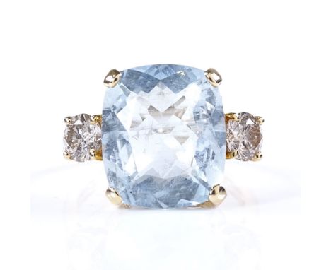 A 14ct gold 3-stone aquamarine and diamond ring, cushion-cut aquamarine approx 5.25ct, total diamond content approx 0.75ct, s