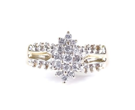 A 9ct gold diamond cluster dress ring, setting height 12.7mm, size O, 5g 