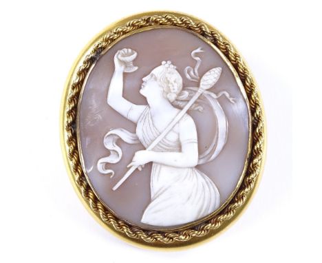 A 19th century relief carved cameo brooch, depicting half length Classical portrait, in a rounded-edge gold frame with rope t