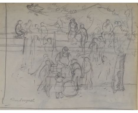 Prendergast, pencil sketch, a group of figures, signed, 8.5" x 10.5", framed 