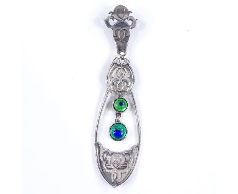 An Art Nouveau sterling silver and enamel drop pendant, with stylised scrollwork settings, pendant height 93.5mm, 17.9g 