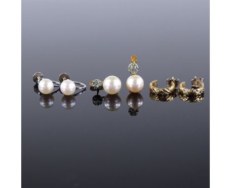 3 pairs of earrings, including 9ct white gold pearl earrings (3) 