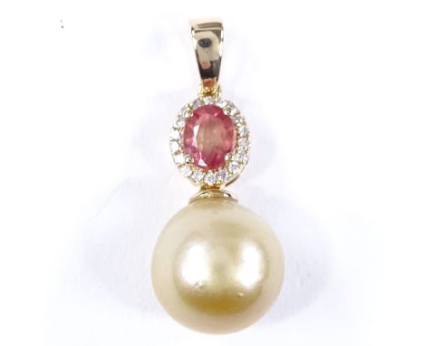 A 14ct gold Akoya pearl, orange sapphire and diamond pendant, oval-cut orange sapphire approx 0.56ct, height excluding bale 2