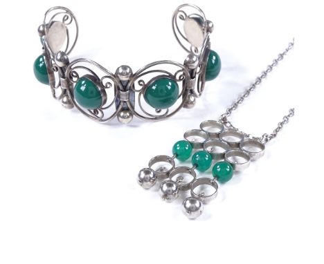 A Finnish silver triple-row green stone pendant necklace, pendant height 49mm, chain length 50cm, together with a similar Mex