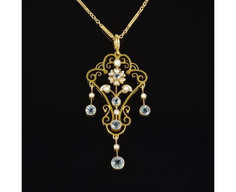 A 9ct gold aquamarine and pearl pendant necklace, with pierced floral openwork body and 3 drops, on 9ct chain, pendant height
