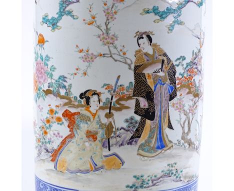 A large Chinese porcelain cylindrical stick stand, late 19th century, hand painted figures in gardens with gilding, height 63