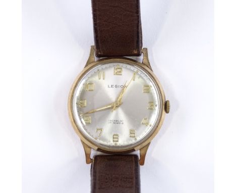 A 9ct gold cased Legion Incabloc wristwatch, 17 jewel mechanical movement with Arabic numerals and sweep seconds hand, case w
