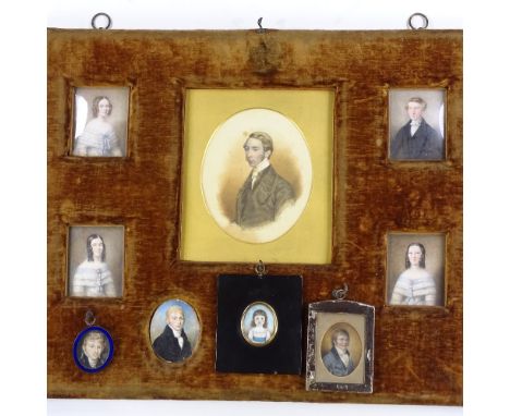 A collection of 18th and 19th century painted portrait miniatures, depicting members of the Gathorne family, all mounted in a