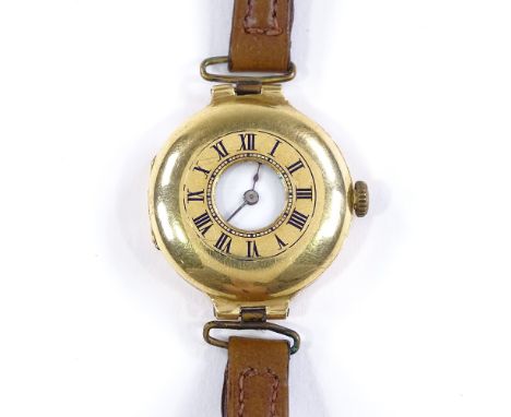 A lady's 18ct gold half hunter Officer style wristwatch, with white enamel dial and Roman numeral hour markers, movement no. 