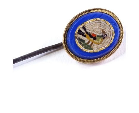 An Antique unmarked gold micro-mosaic panel tie/stickpin, depicting a bird, pinhead length 12.3mm, overall length 50mm, 1.2g 