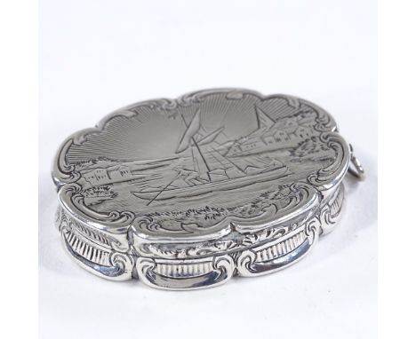 A Victorian silver "castle-top" vinaigrette, lake scene, by Nathaniel Mills, hallmarks Birmingham 1846, of oval form, with en