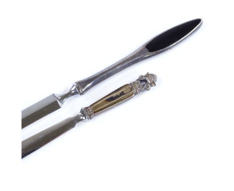 A Danish Georg Jensen sterling silver-handled Acorn pattern paper knife, together with another silver and black enamel-handle