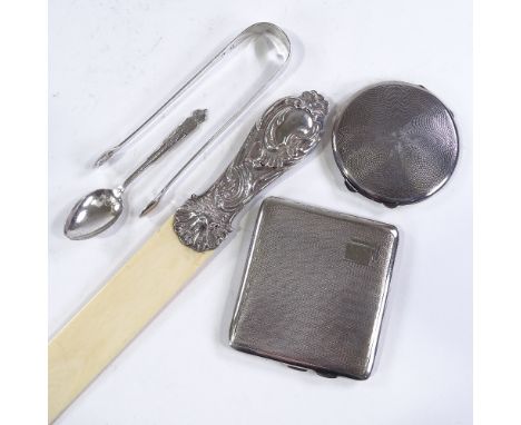 A group of silverware, including silver-handled ivory page turner, engine turned cigarette case etc, 4.8oz weighable (5) 
