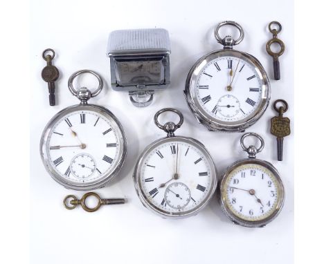 4 silver-cased pocket watches, including Benson, together with a chrome-cased travelling clock (5) 