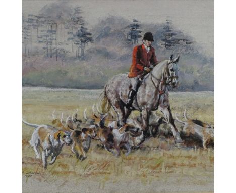 Elizabeth Shaye, coloured pastels, hunting scene, 1977, 12" x 18", framed 