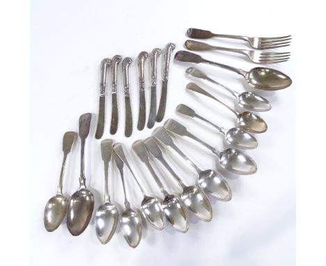 Various silver cutlery and flatware, including silver-handle pistol grip knives, 25oz weighable 