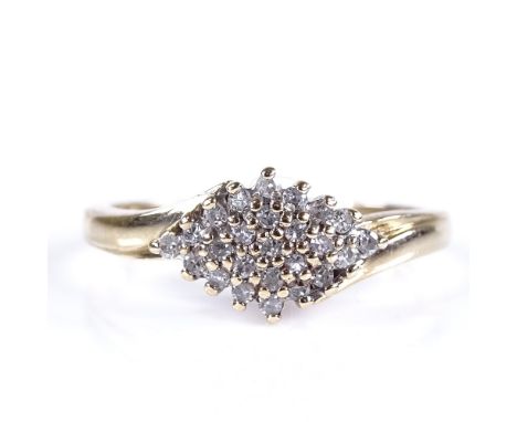 A 9ct gold diamond cluster ring, total diamond content approx 0.15ct, setting height 7.6mm, size K, 2.2g 