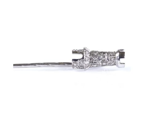 An 18ct white gold diamond set castle motif tie/stickpin, by E Wolfe &amp; Co. of London, motif length 15.5mm, overall length