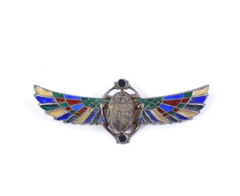 A Continental silver Egyptian revival style winged scarab brooch, with plique a jour enamel panels, length 70.6mm, 10g 