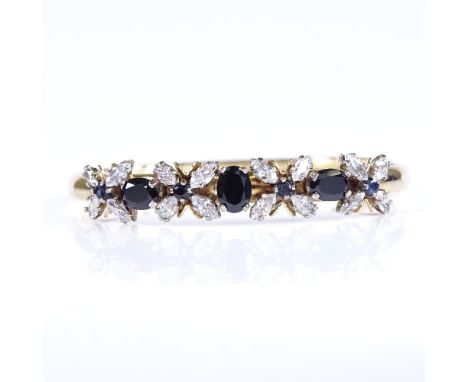 A 14ct gold sapphire and diamond hinged bangle, total marquise-cut diamond content approx 0.84ct, internal diameter 55.7mm, i