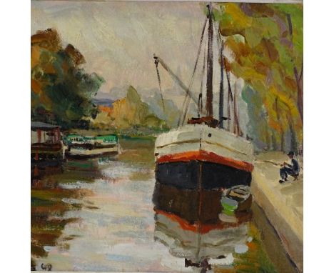R Sartre, oil on board, Continental river scene, signed and dated 1948, 13" x 15.5", framed 