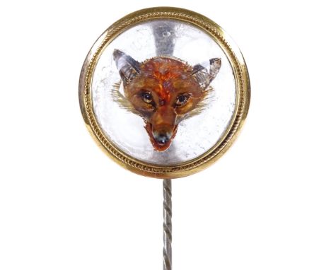 A Victorian Essex Crystal fox head tie / stick pin, in unmarked 18ct gold with gold rope twist border, crystal depth 8.8mm, s