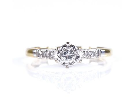 An 18ct gold solitaire diamond ring, with platinum-topped diamond set shoulders, total diamond content approx 0.2ct, setting 