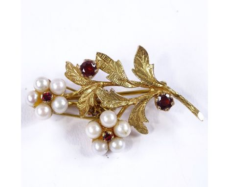 A 9ct gold garnet and pearl floral spray brooch, 37.6mm, 4.7g 