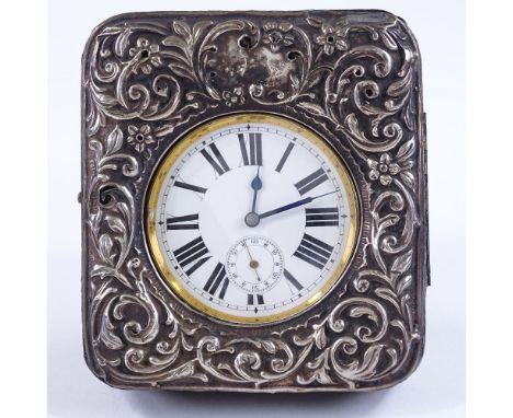 A nickel cased Goliath pocket watch, white enamel dial with Roman numeral hour markers and subsidiary seconds dial, working o