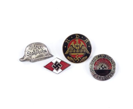 A German Stalhelm badge, Hitler Youth enamel badge with RZM marks, an RDH badge, and a League of Workers badge (4) 