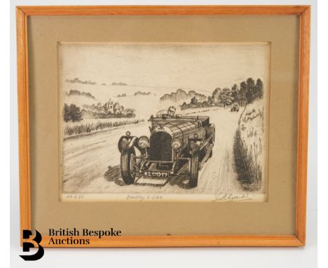 I.S Alexander etching of a Bentley 3-litre nr 48/50, signed in the pencil to the margin, approx 21 x 16 cms, framed and glaze