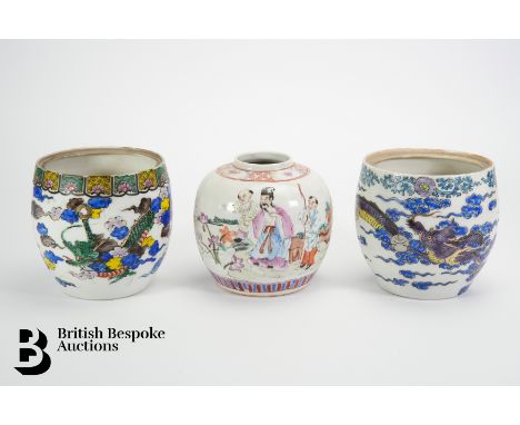 Two Chinese pots, polychrome decoration, purple dragons amongst cloud scroll, approx 12 cms h, both pots have been drilled to
