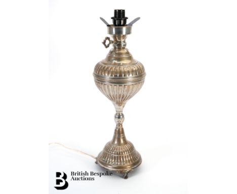 A Russian silver table lamp base, converted to electricity, approx 39 cms h, stamped 925, with cyrillic marks.&nbsp;
