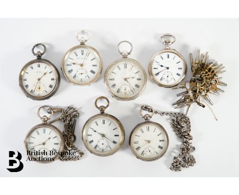 Seven silver pocket watches including an Acme Lever silver cased pocket watch, 48 mm case with Roman dial and subsidiary seco