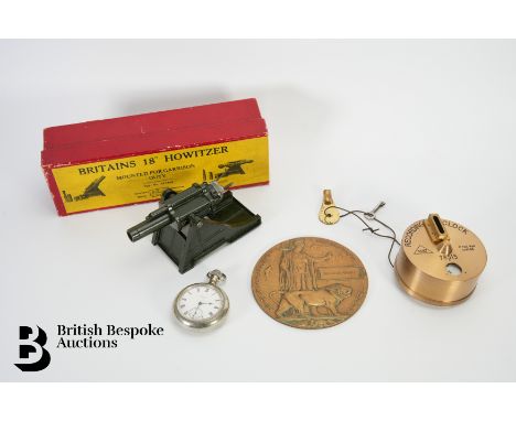 WWI bronze death plaque, named to William Winch together with a Britains 18" Howitzer, pat. no 617492, in the original box an