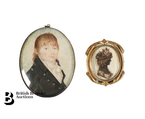 A Georgian oval portrait miniature of a gentleman, right facing, approx 75 x 60 mm together with a pinchbeck brooch of a youn