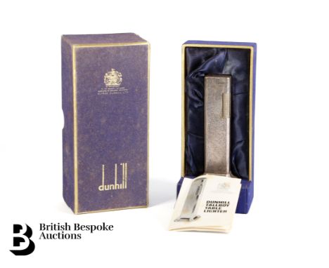 Dunhill Tallboy table lighter, with planished finish, approx 10.8 cms h, in the original box with instruction leaflet.&nbsp;