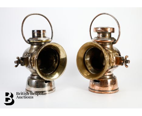 A near pair of Edwardian Veteran oil side lamps by Joseph Lucas Limited 'King of the Road' 720 series, originally from a Cots