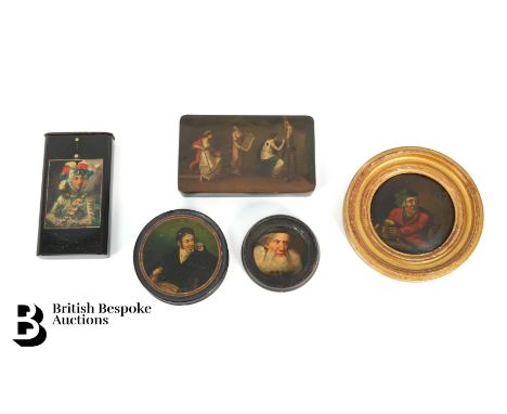19th Century Georgian circular black lacquer snuff boxes and framed lids, including an example painted with an Italianate sce