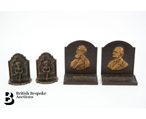 Pair of bronze bookends, centered with a portrait relief bust of Emerson and Dickens approx 16 cms h together with a pair of 