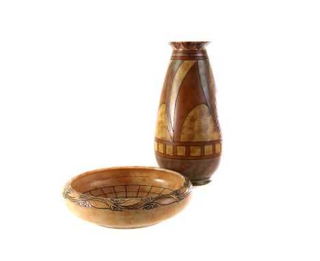 A pair of Charlotte Rhead vases, having Art Deco style design in natural colours, together with a Charlotte Rhead ceramic bow