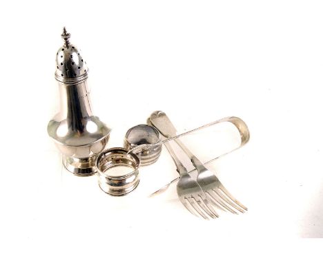 A selection of various silver items, including a George V silver sifter, marked Birmingham 1923, an Edward VII silver tong, m
