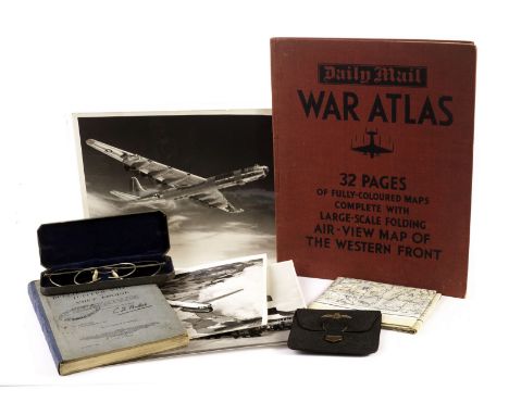 A small collection of WWII and later aviation items, including an RAF wallet, a silk printed map of the Pyrenees, a Daily Mai