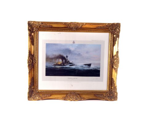 A First Edition print 'The Last Moments of H.M.S Hood' by Robert Taylor, signed by survivor Lieutenant Ted Briggs, M.B.E., R.